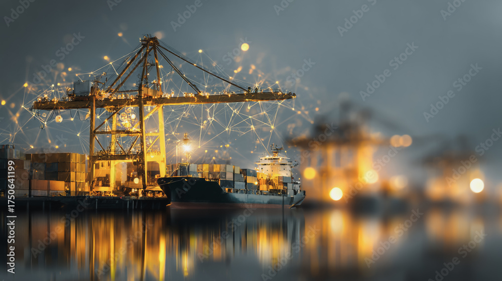 Fototapeta premium Double exposure of Twilight view of Container truck in ship port for business Logistics and transportation of Container Cargo ship and Cargo plane with working crane bridge with Earth and world map