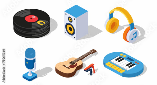Isometric illustration of diverse music production and listening equipment including vinyl records, speaker, headphones, microphone, guitar, and keyboard.