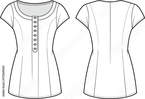 Women’s blouse CAD drawing, scoop neckline fashion flat sketch, short sleeve tailored top illustration, front and back view, flared hem, clothing design template