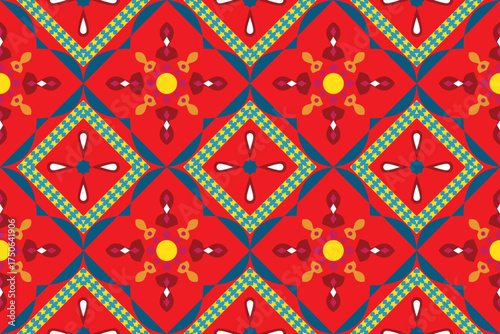 Vibrant red tribal geometric pattern with yellow, blue, and orange accents. The symmetrical diamond motifs and traditional shapes create a lively ethnic design inspired by folk textile art. Perfect fo