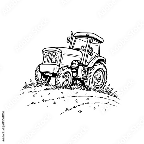 Illustrative farm tractor climbing grassy hill black and white agricultural machinery transport