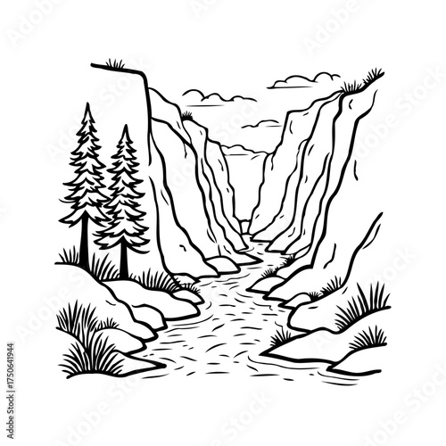 Illustrative representation of a stream flowing through rocky cliffs surrounded by pine trees and