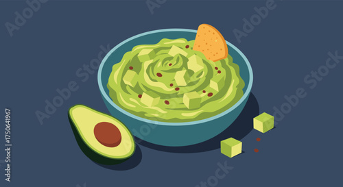 A vibrant bowl of creamy avocado guacamole adorned with a tortilla chip and diced red peppers.