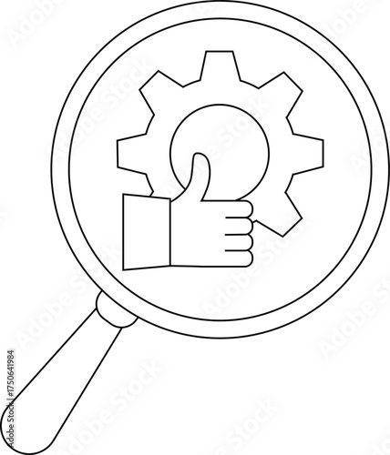 A magnifying glass focuses on a gear wheel being given a thumbsup