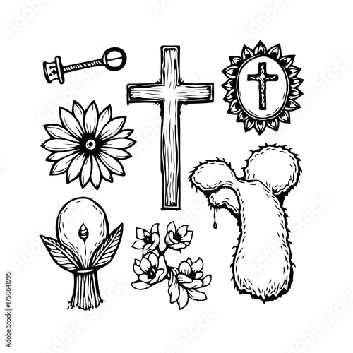 Illustrative symbols featuring spiritual faith, redemption, eternal life, floral elements and
