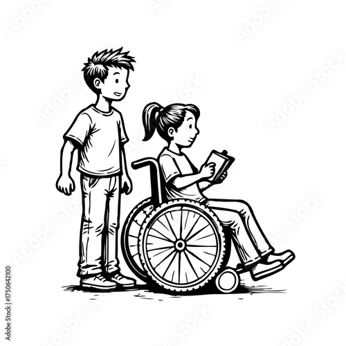 Inclusive illustration showcases a friendly boy standing next to a girl in wheelchair reading
