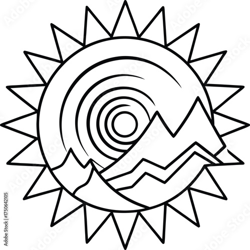 Spiral Sun Merging into Mountain Peaks Line Art Illustration