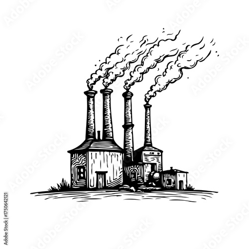 Industrial Revolution era factory illustration conveying smoke stacks pollution emission