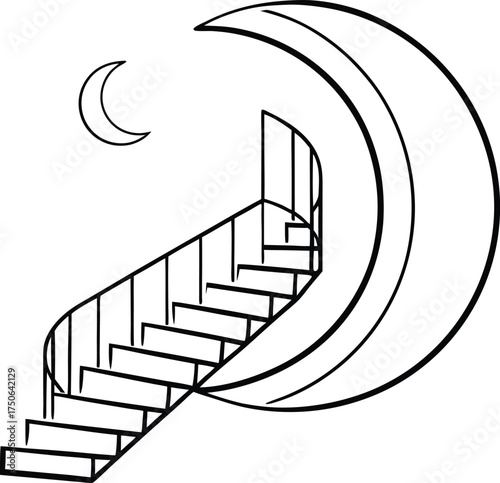Staircase Spiraling into Crescent Moon Line Art Illustration