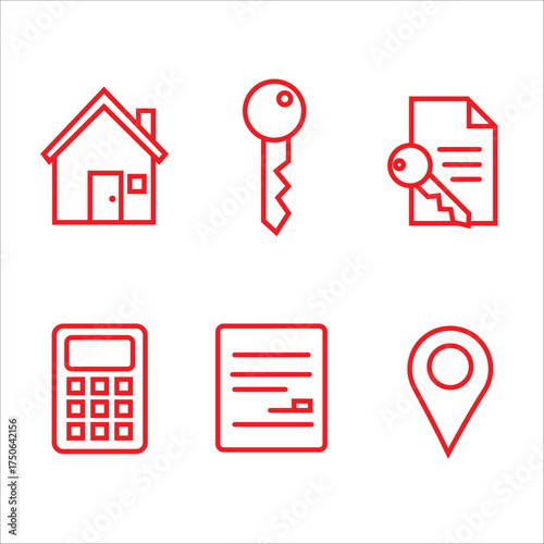 Real estate icons set in red outline with house, key, contract, calculator, document and location pin symbols.