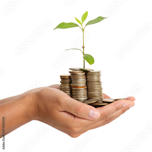 Financial growth concept with hand holding coins and sprouting plant