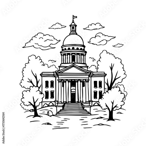 Ink depiction of a stately capitol building with neoclassical design surrounded by serene foliage