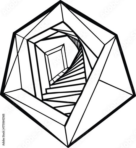 Staircase Spiraling Through Crystal Line Art Illustration