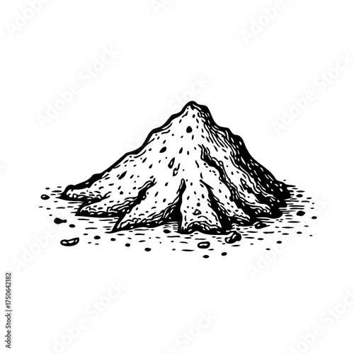 Ink drawing of a small mound of rough grainy material isolated on white background, a rustic