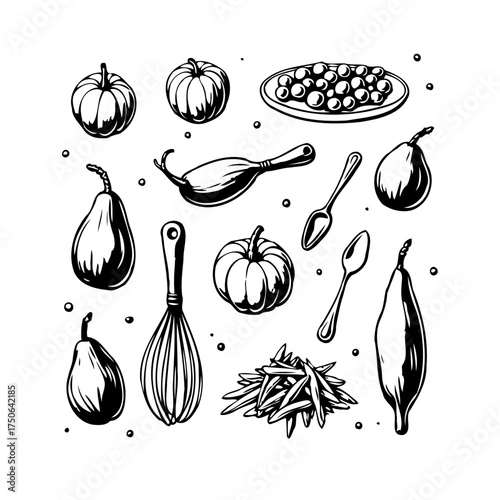 Ink Drawn Kitchen Harvest: A Bounty of Autumn Vegetables, Fruits, and Utensils Illustration for