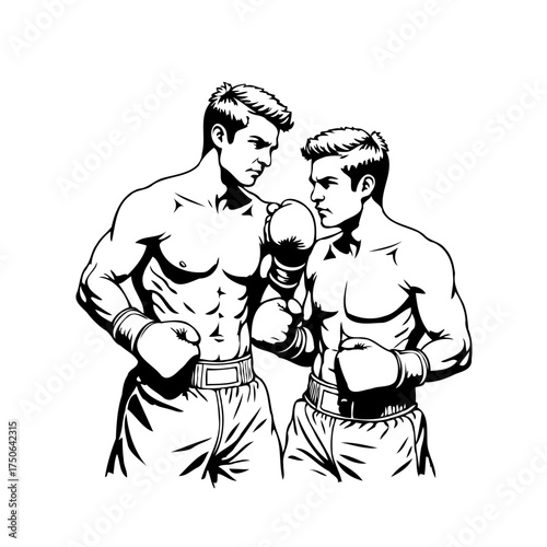 Intense monochrome boxing match illustration showcasing strength and strategy between two athletic