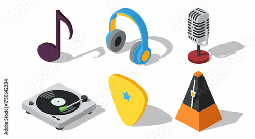 Isometric Music Icons Set with Headphones, Microphone, Turntable, Music Note, and Metronome for Audio and Entertainment Industry