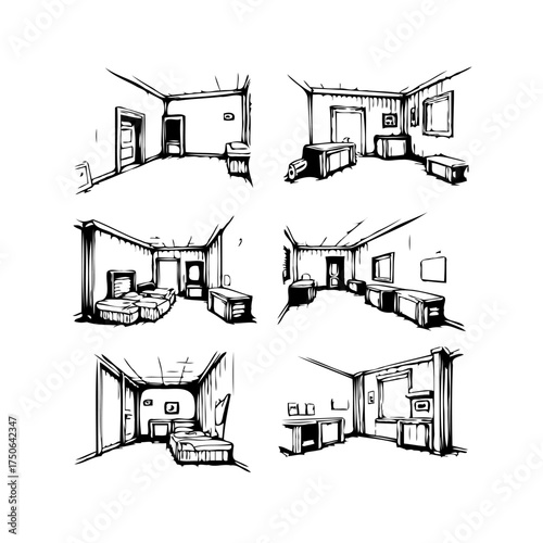 Interior architectural sketch depicting different room layouts with diverse furnishings presented