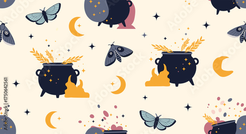 A whimsical pattern featuring magical cauldrons moths and crescent moons. This design evokes a sense of enchantment and mystery.