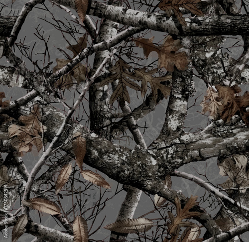 Realistic forest camouflage. Seamless pattern. Conifer tree, branches and leaves on sky blue background. Useable for hunting and military purposes.	