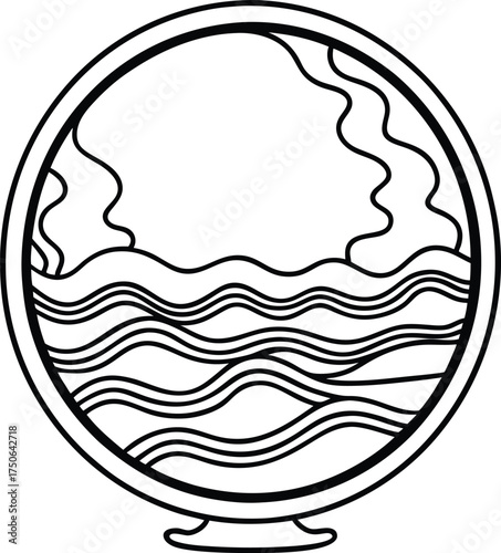 Surreal Mirror with Waves Reflection Line Art Illustration