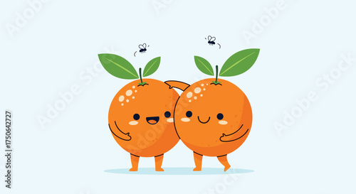 Two cute cartoon oranges with leaves and smiling faces are standing together on a light blue background.