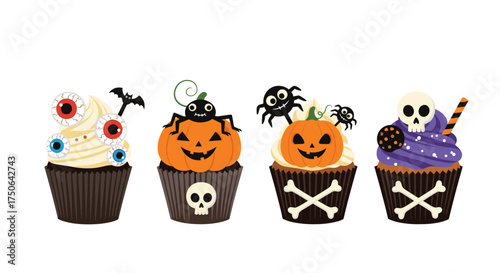 A delightful collection of four uniquely decorated Halloween themed cupcakes perfect for any spooky celebration.