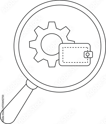 Magnifying glass reveals a gear and wallet Simple design