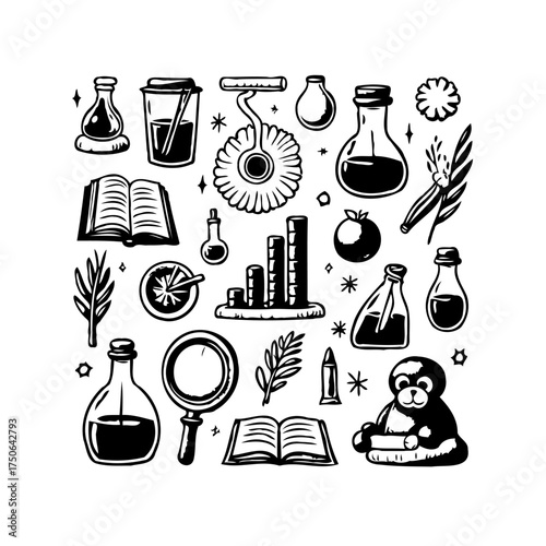 Intricate science illustration of diverse objects creating visually engaging and compelling