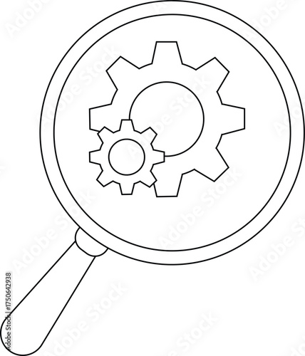 Magnifying glass viewing two gears of different sizes all depicted in a line art style
