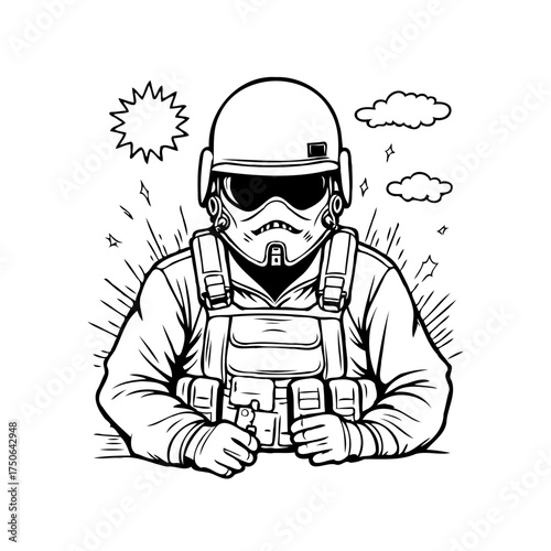 Line art illustration depicting a futuristic soldier character with helmet and gear and stylized sun