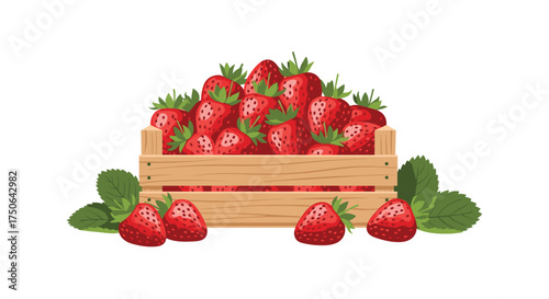 A crate overflowing with ripe red strawberries and fresh green mint leaves.