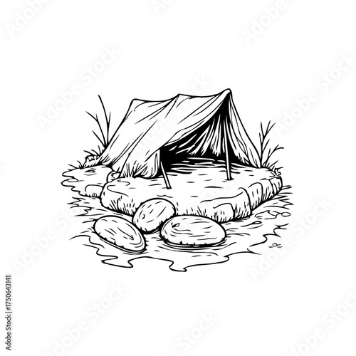 Minimalist drawing displaying a rudimentary shelter constructed on stones surrounded by flowing