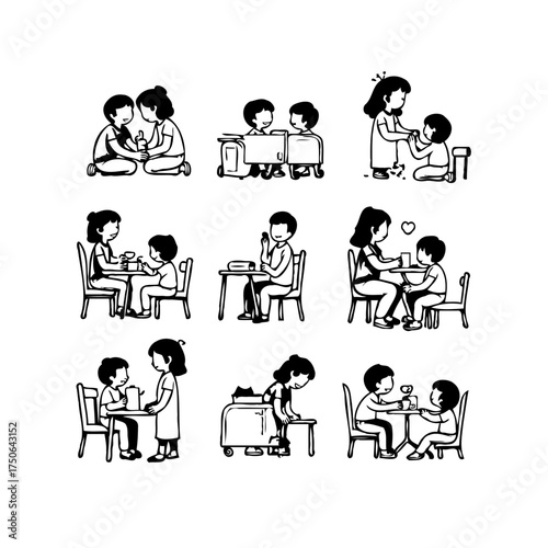 Minimalist line drawing depicting scenes of affection shared between mother and child illustrating