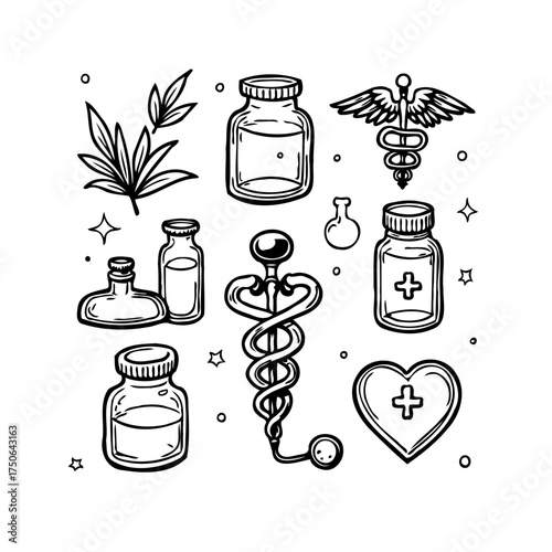 Minimalist medical sketch with botanical elements evoking health and wellness natural remedies
