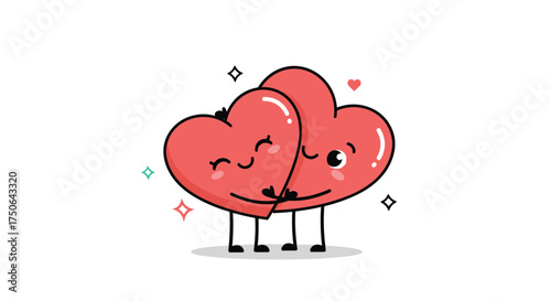 Two adorable cartoon hearts hugging each other tightly with twinkling sparkles around them.