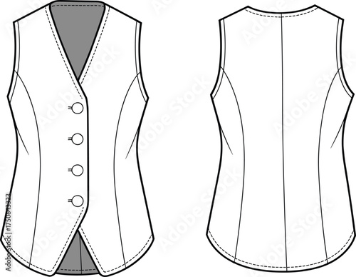 Women’s vest CAD drawing, V-neck fashion flat sketch, sleeveless tailored apparel illustration, front and back view, asymmetrical hem, clothing design template