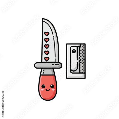 A decorative knife with a playful design beside a sharpening device.