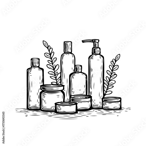 Monochrome botanical beauty: a curated collection of natural skincare essentials arranged with