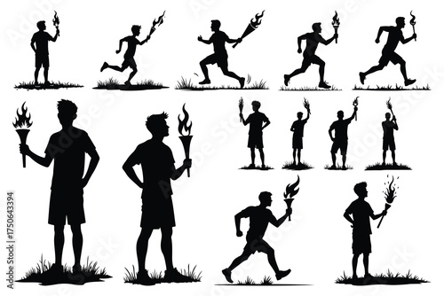 Silhouettes of male runners holding flaming torches