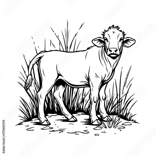 Monochrome depiction of a young calf standing amidst grass in a simple line drawing capturing
