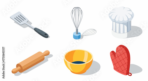 Isometric Flat Design Cooking and Baking Tools Set. A collection of essential kitchen utensils including a spatula, whisk, chef's hat, rolling pin, mixing bowl, and oven mitt.