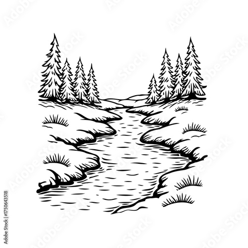 Monochrome depiction of a flowing river winding through a pine forest showcasing natural serenity