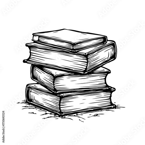 Monochrome depiction showcases a stacked collection of vintage books, suggesting scholarly