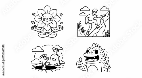 Whimsical Line Art Illustrations: Meditating Flower, Mountain Climber, Zombie Hand, and Thumbs-Up Monster depicting Diverse Concepts from Nature, Adventure, and Spooky Fun.