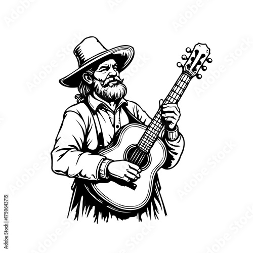 Monochrome illustration of a bearded musician in a hat playing guitar expressing musical passion