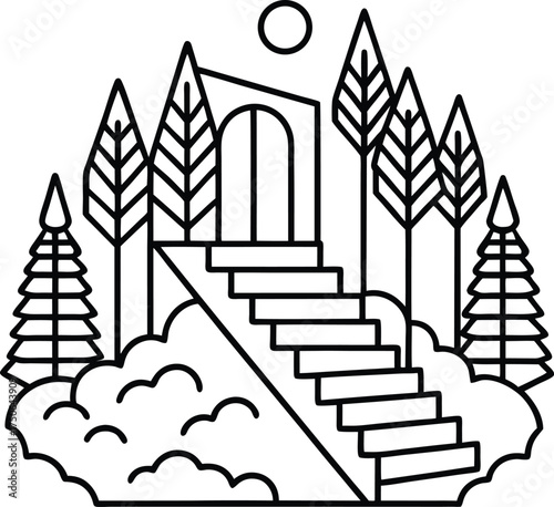 Surreal Staircase Leading to Forest Line Art Illustration