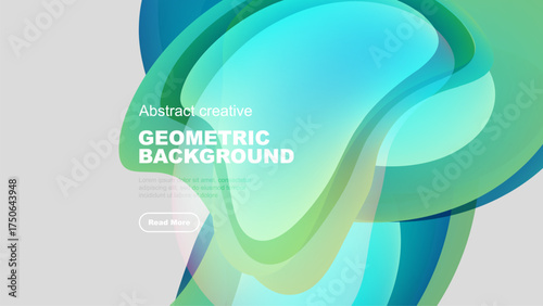 Abstract geometric background features flowing shapes, vibrant colors, text overlay, button. Modern design elements present.