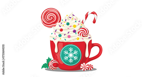 A festive mug filled with whipped cream and colorful sprinkles topped with candy canes and lollipops.