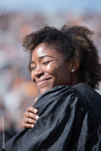 A graduate embraces her achievement, eyes closed in contentment. Represents success, joy, and fulfillment. Ideal for education, career, and personal growth themes.